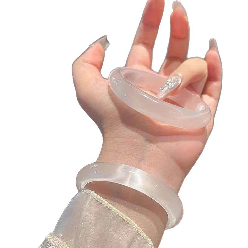 White Moonlight Bracelet: High-Ice Translucent Jade Chalcedony with Lychee Jelly Effect and Cat's Eye Stone