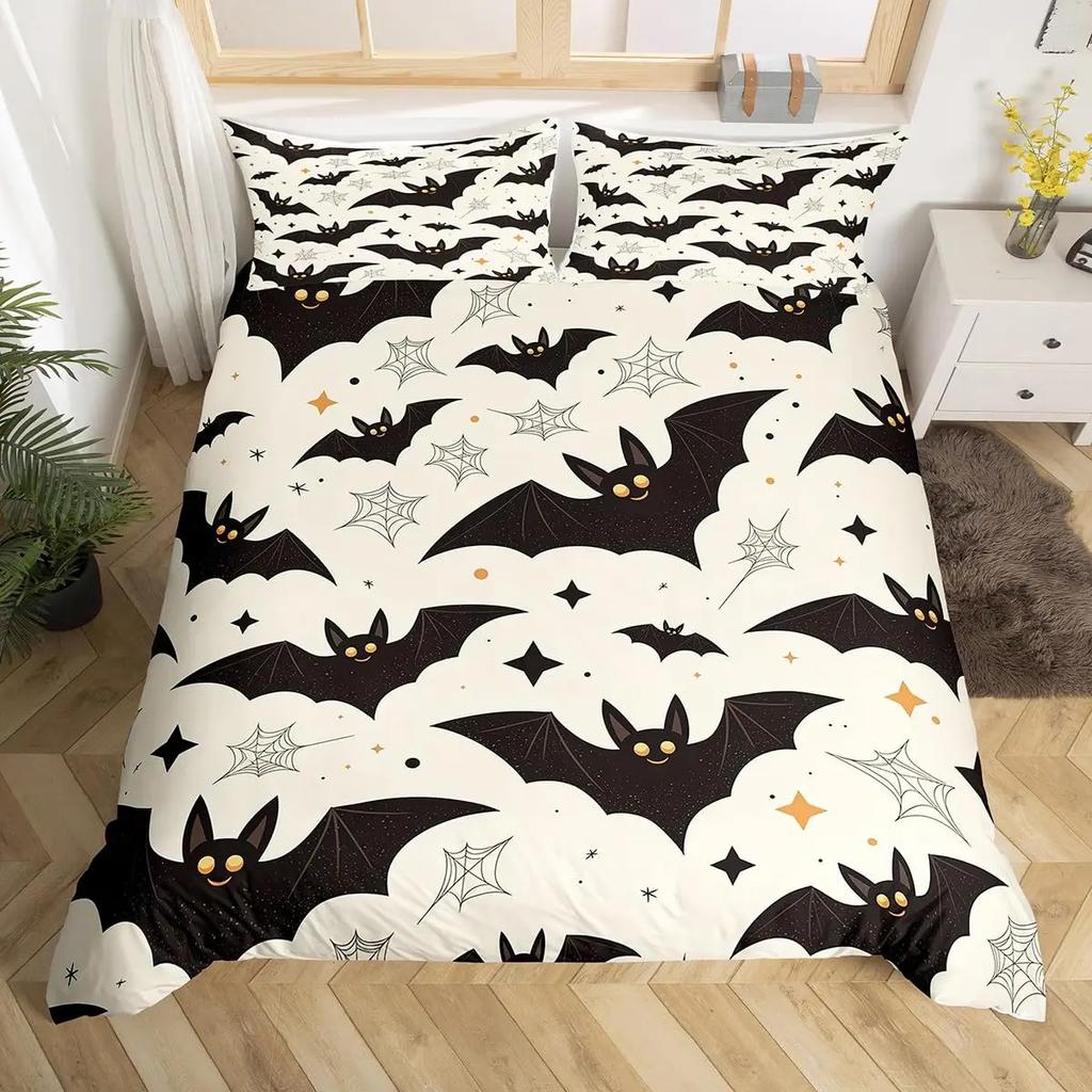 Fledermausdruck Bettbezug Twin Queen Halloween Bettwäsche-Set für Jungen Mädchen Kinder Regenbogen Bettdeckenbezug Farbverlauf Stil Raumdeko