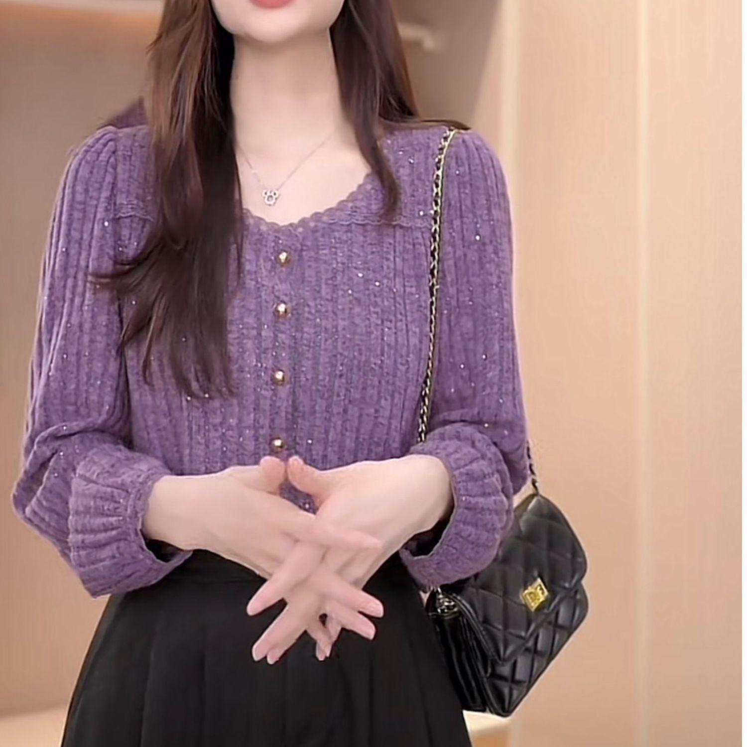 

Women s Lace Trim Round Neck Long Sleeve Fashion Shirt - French Chic Autumn/Winter XL (120-130 lbs)