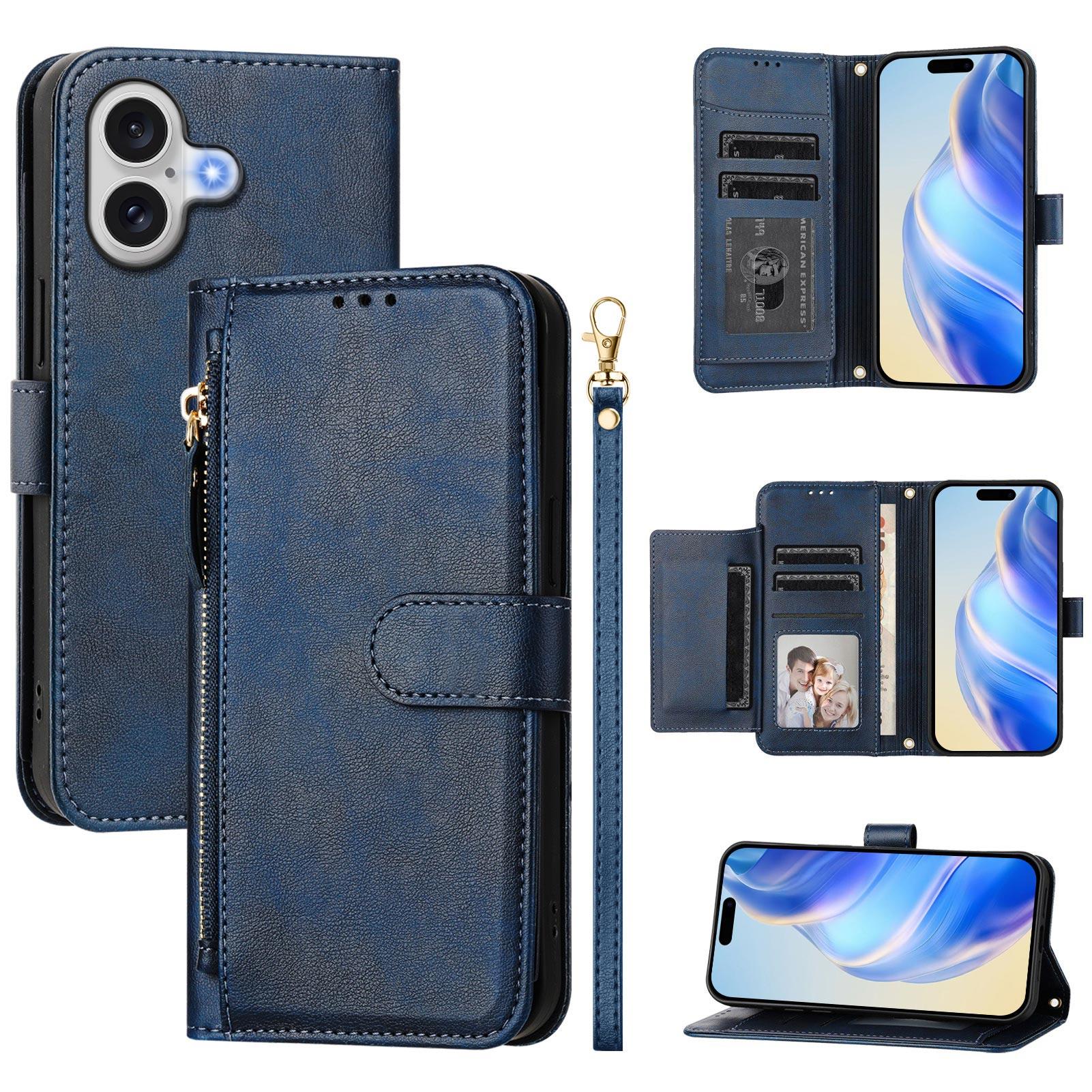 

For iPhone 17 Case Zipper Pocket Multiple Card Slots Leather Phone Cover Blue