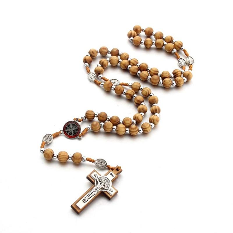 Handmade Wood Rosary Necklaces Men Women Necklaces Catholic Cross Pendant Meditation Jewelry Christian Religious Gift