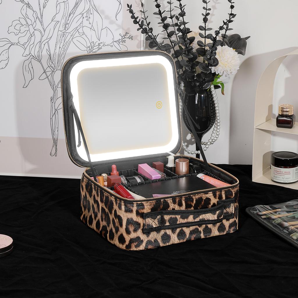 Make-up-Tasche mit Spiegel und Lichtern 3 Farben Dimmbare LED Make-up-Etui, Kosmetik-Organizer Zubehör Make-up-Koffer LEOPARD