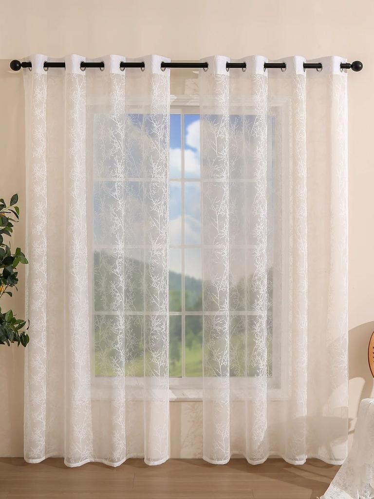 White French Tree Sheer Curtains Beige Linen Textured Curtains 84 Inch Long 1 Panels for Living Room