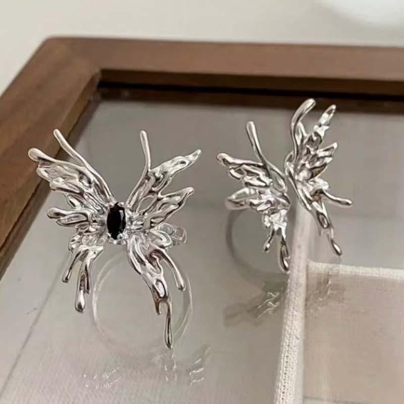 Exaggerated Liquid Butterfly Ring Female Personality Fashion Design Sense Open Ring Three-dimensional Hip Hop Punk Index Finger Ring Tide