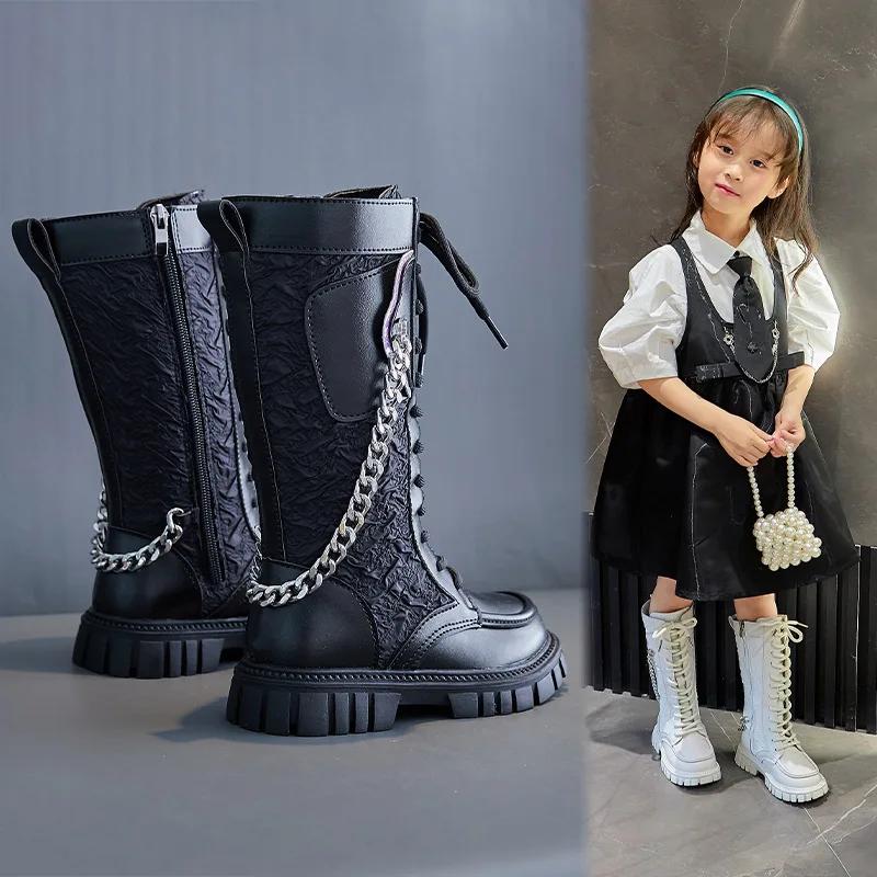 Kinder Ritterstiefel 2024 Neue Frühjahr & Herbst Lange Stiefel Atmungsaktive Kleine Taschen mit Kette Mädchen Laufsteg Mode Kinderstiefel