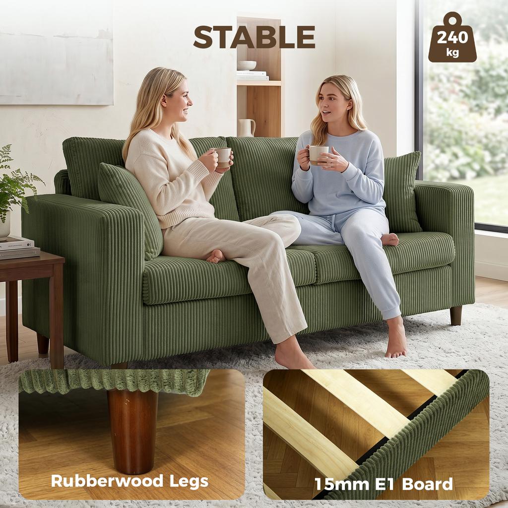 Loveseat Sofa With Wide Seat Corduroy 2 Seater Couch With Deep Seat Spring Cushion Green