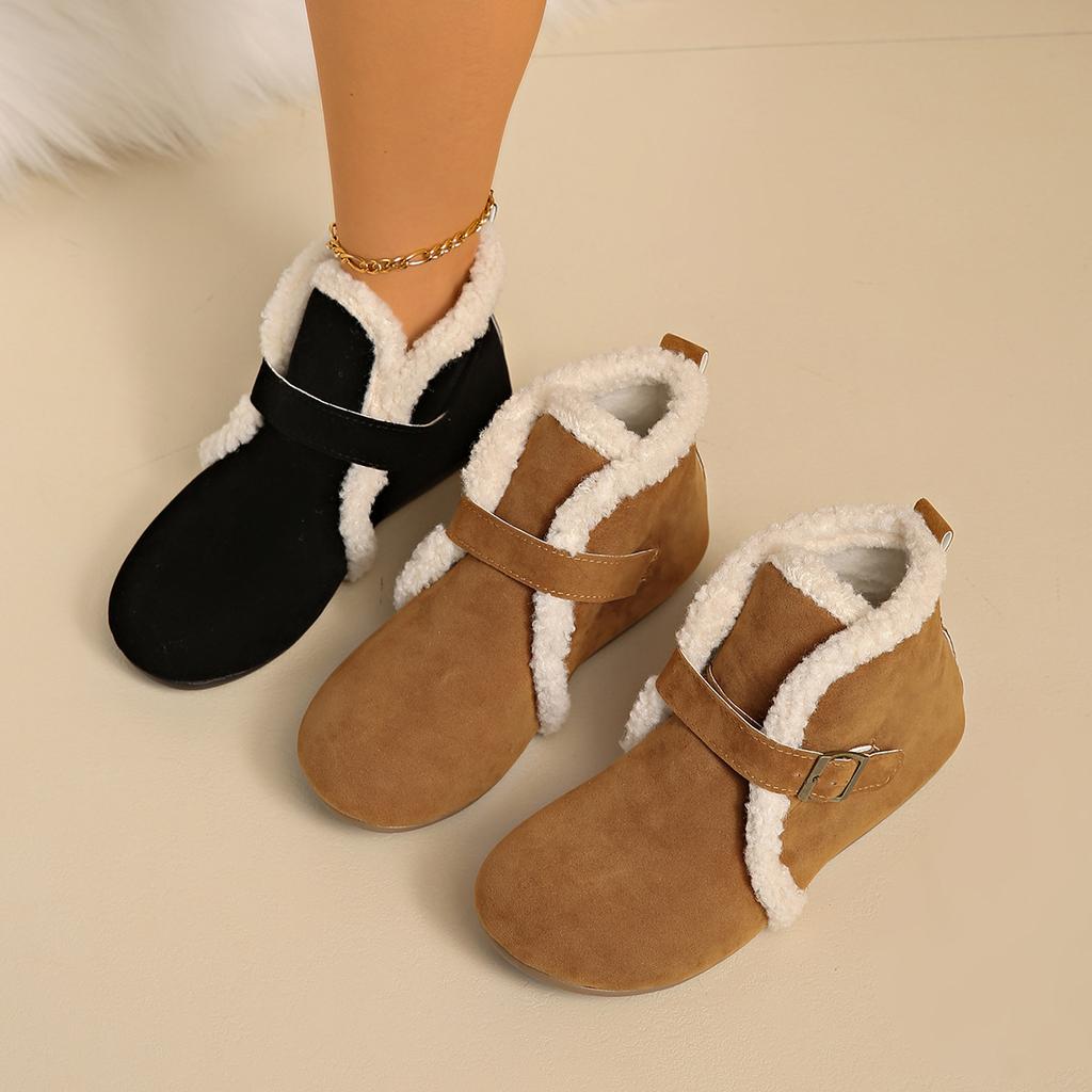 Retro Samt in Übergröße, verdickte Schneestiefel 2025 Winter neu, warm, mit Schnalle, flauschige Baumwollschuhe für Damen