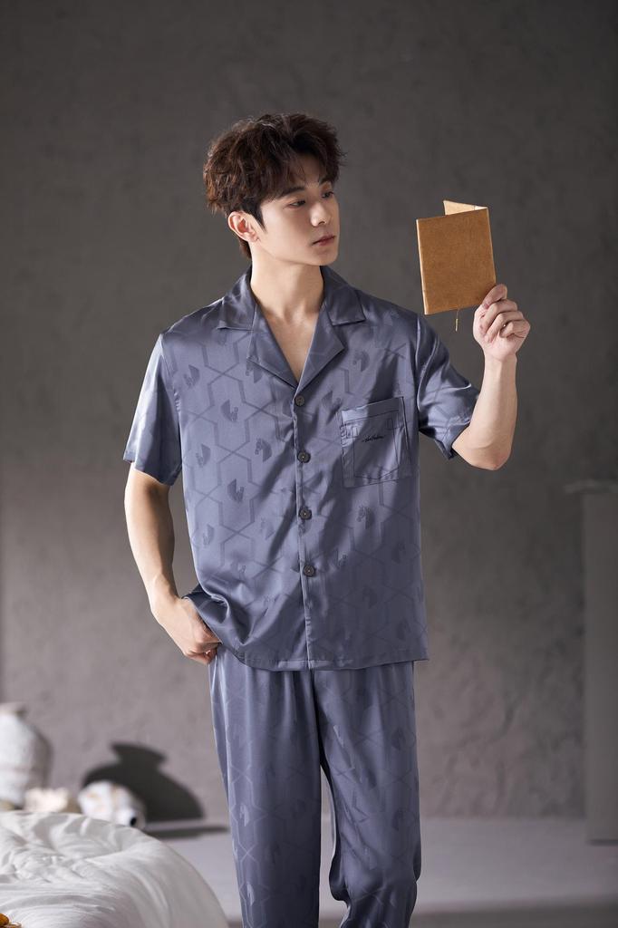 2026 Men's Light Luxury Pajama Set: Spring/Summer Short Sleeve Top & Long Pants Homewear