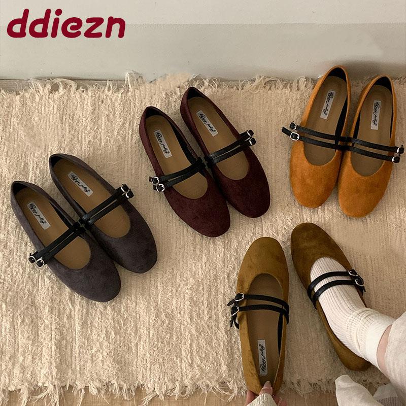 Fashion Fashion Buckle Strap Ladies Mary Janes Flats Shoes Round Toe Female Shallow Footwear Flock Women Ballet Flats Dance Shoes New