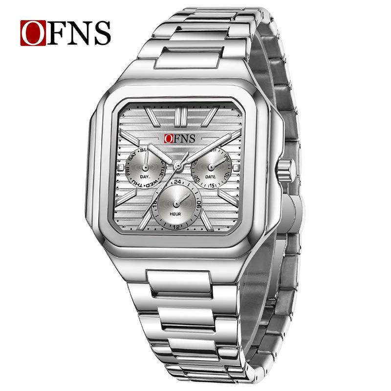 OFNS Six-Hand Men's Square Quartz Watch: Luminous, Day-Date, 30M Waterproof, Silicone Steel Band, Hot Seller