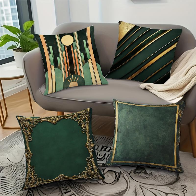 Vintage Grün und Gold Geometrischer Druck Muster Überwurf Kissenbezug Polyester Kissenbezug Heimdeko Kissenbezug mit Reißverschluss