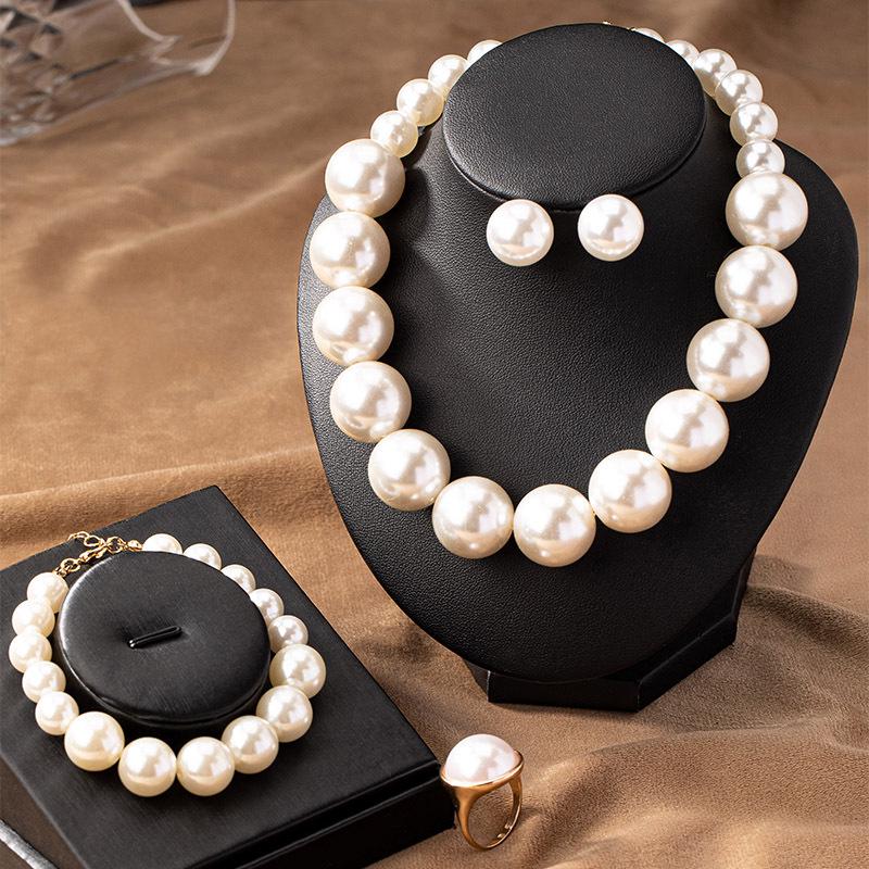 Elegant Faux Pearl Jewelry Set: Necklace, Bracelet, Ring & Earrings for Women