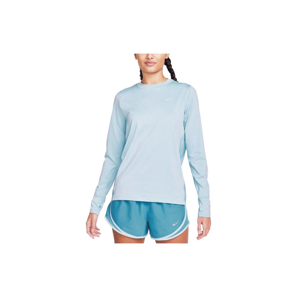 Nike Logo Print Round Neck Quick-Dry American Vintage Long Sleeve T-Shirt Women Tops Joyful-Ocean-Blue Silver DX0309-442