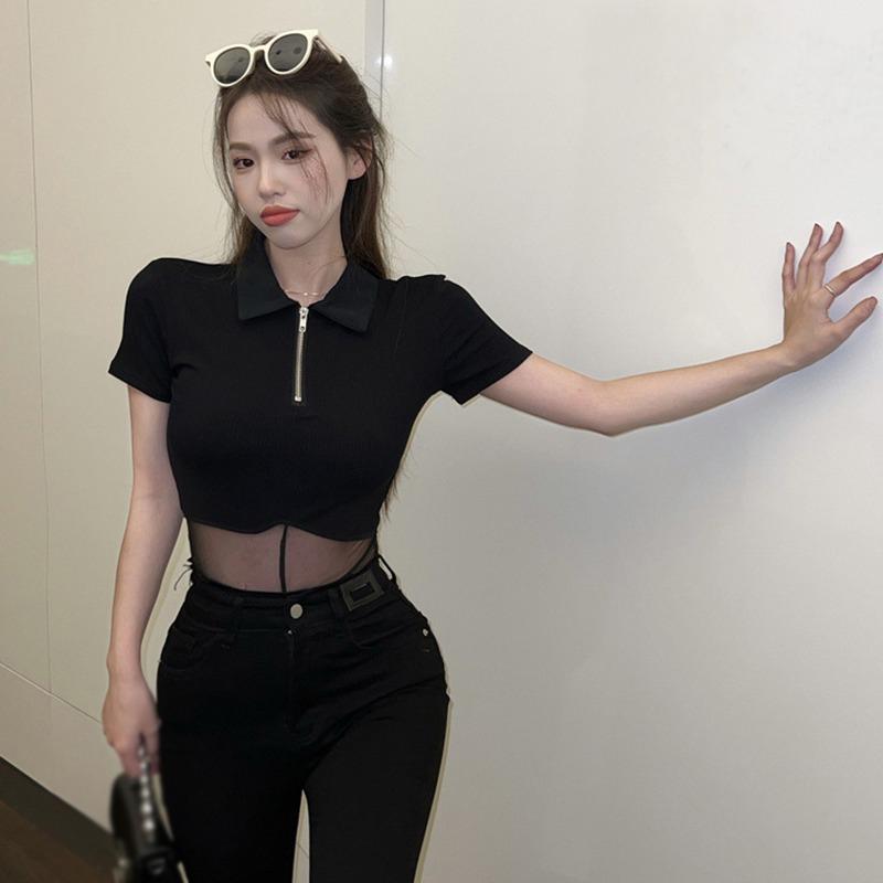 Slim Women's Short Sleeves Mesh Stitching Perspective Jumpsuit  One-piece