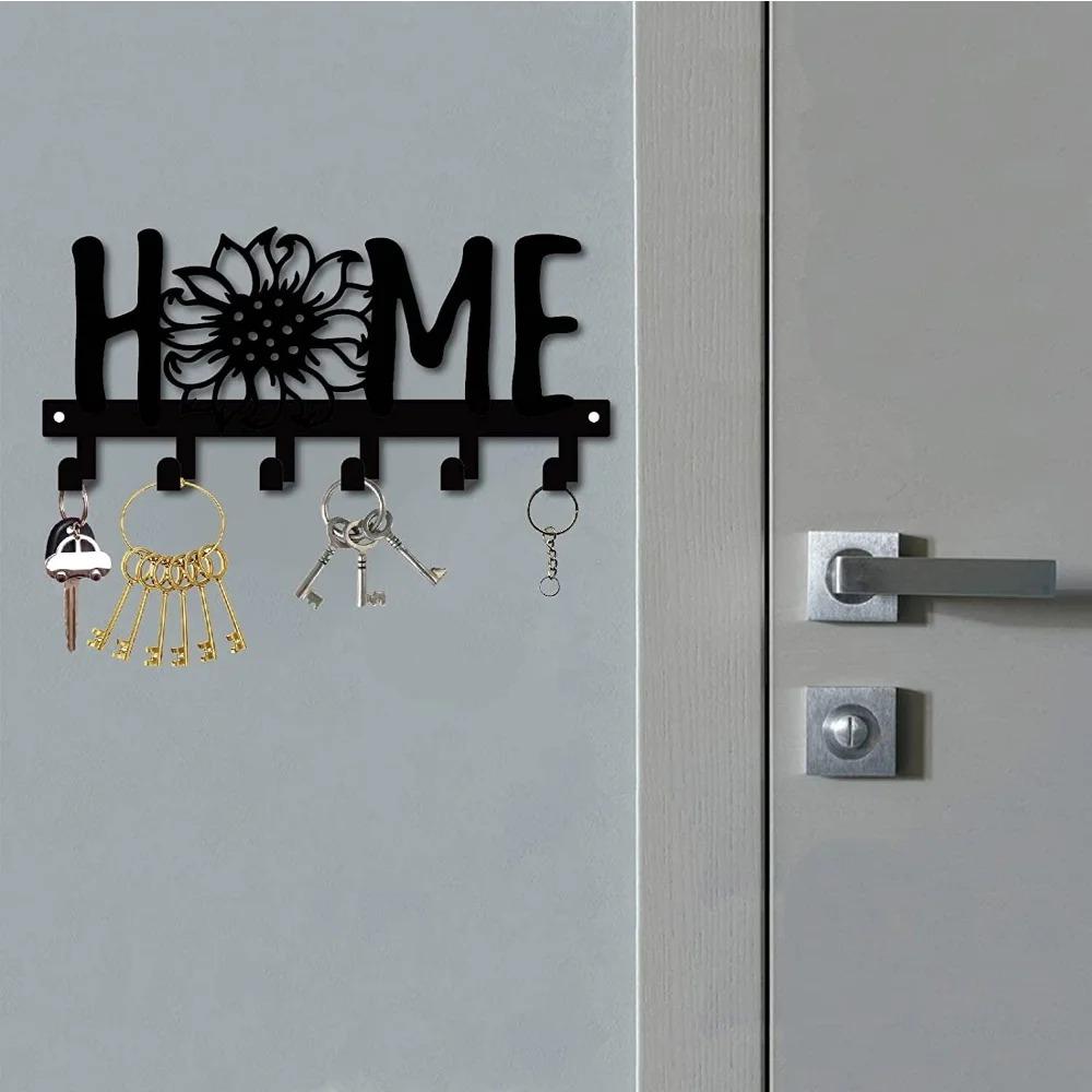 1pc Sunflower & Letter Design Black Metal Key Holder – Multi-Purpose Wall Hook for Porch, Hallway, Ideal for Keys and Clothes