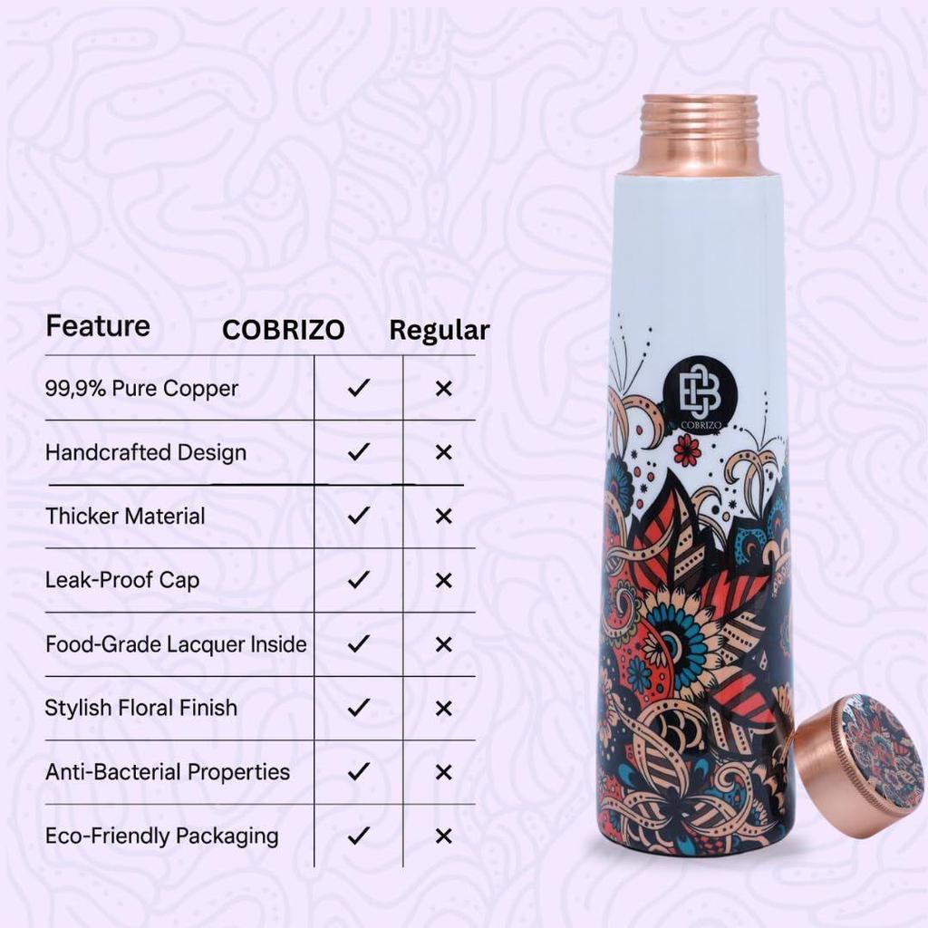 Pure Copper Floral Print Designer Water Bottle with Ayurvedic Benefits Rustproof & Leakproof Copper Bottle for Home School Gym Travel Bottle Drinkware