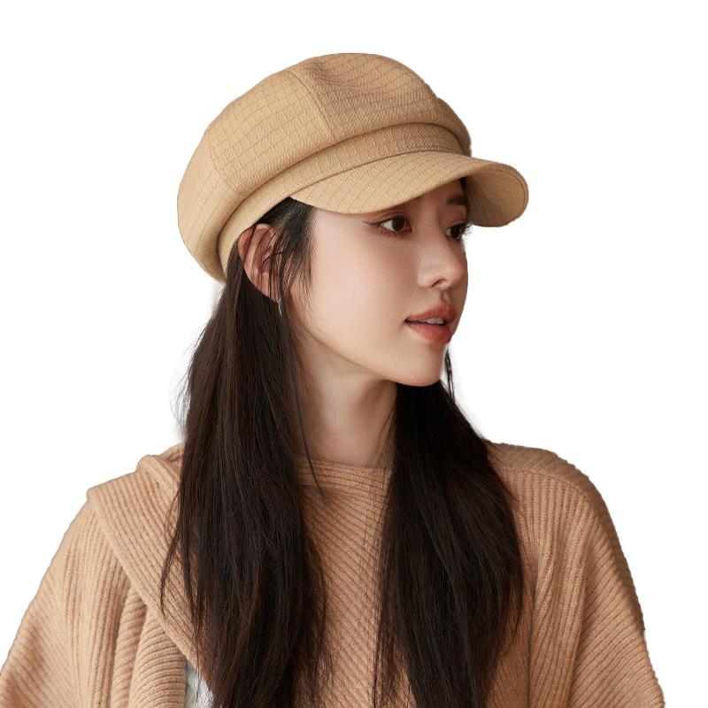 Autumn and Winter New Hats Women's High-end Sense Metal Label Octagonal Hat Plaid Literary and Retro Newsboy Hat Tide