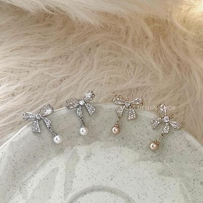 Korean Zircon Bow Pearl Stud Earrings - High-End, Versatile & Elegant.