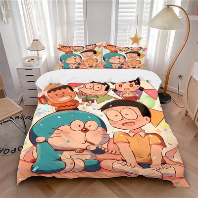 3pcs Cute Doraemon & Friends Printed Bedding Set, Soft and Comfortable Quilt Cover for Bedroom, Guest Room (1 Duvet Cover + 2 Pillowcases, P