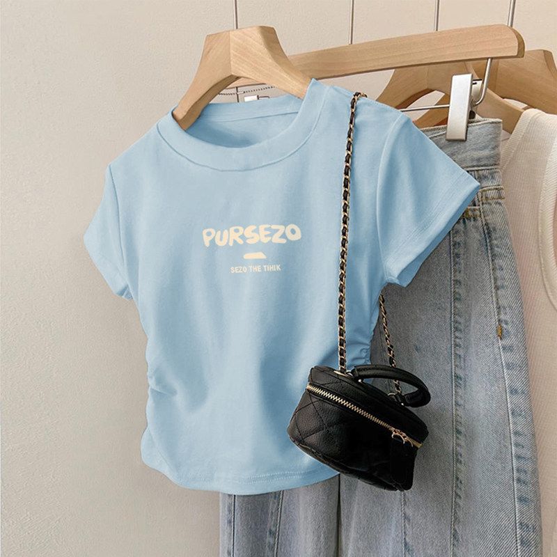 

Cotton Shoulder Print Short Sleeve T-Shirt Women s Clothing Summer New Design Sense Short Pure Tight Waist American Tops Blue [Pursezo-Apricot] 2XL