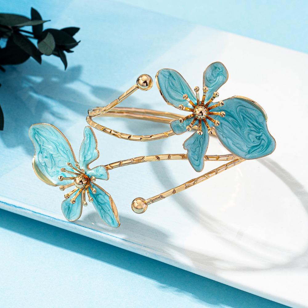 New Gold Color Floral Open Cuff Armlet Metal Enamel Glaze Craft Open Arm Ring Flower Cuff Bracelet Gifts