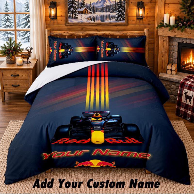Juego de Ropa de Cama con Patrón Red Bull Racing de 3 Piezas con Nombre Personalizado, Sábana y Fundas de Almohada para Dormitorio del Hogar