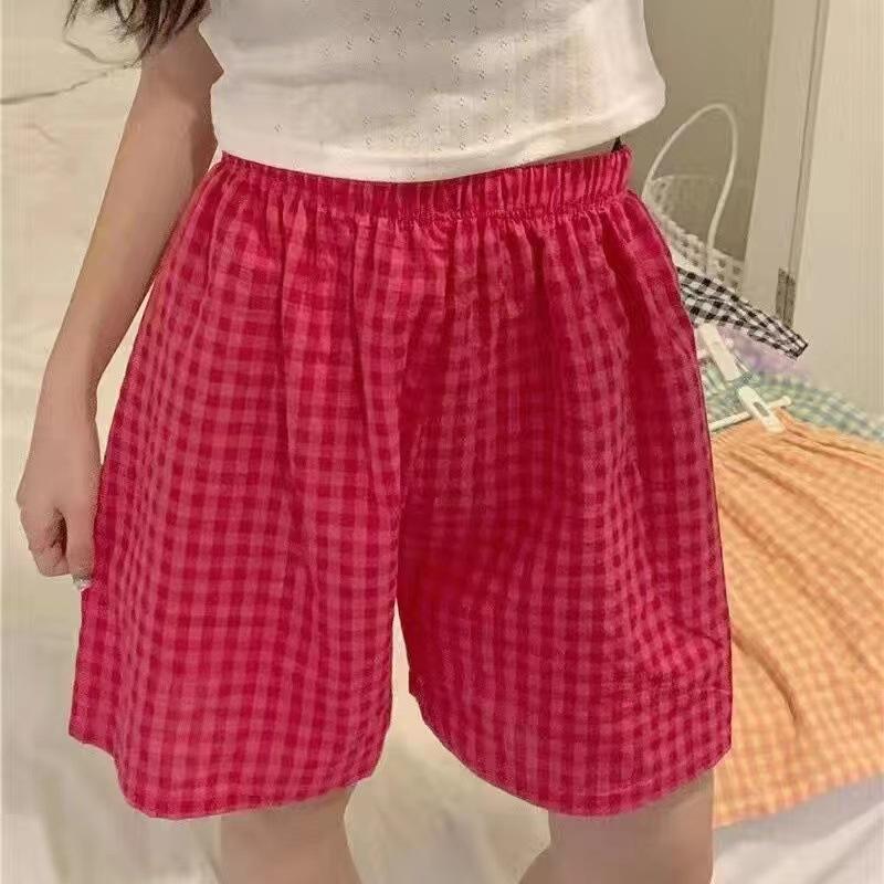 

Летние женские клетчатые пижамные штаны Летние мягкие тонкие свободные шорты Повседневные брюки для йоги, тренажерного зала, бега L красный