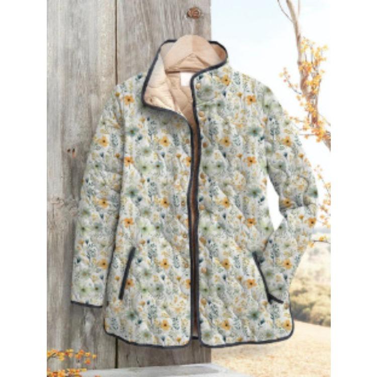 Women's Tropical Leaf Print Quilted Jacket Stand Collar Button Down Contrast Trim Casual Coat