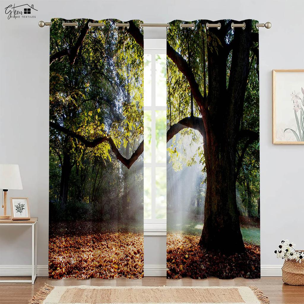 Κουρτίνες δάσους 3D εκτυπωμένες τοπίο πράσινο ηλιοφάνεια φύλλο σφενδάμου φύση ζωτικότητα B&B ξενοδοχείο υπνοδωμάτιο σαλόνι κουρτίνες 2 ΤΕΜ