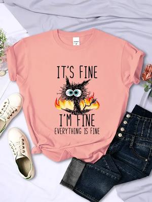 Lovely Funny Black Cat T Shirt Its Fine Im Fine Everythings Fine Tees Harajuku Streetwear Kittenscat Lovers Shirts for Unisex
