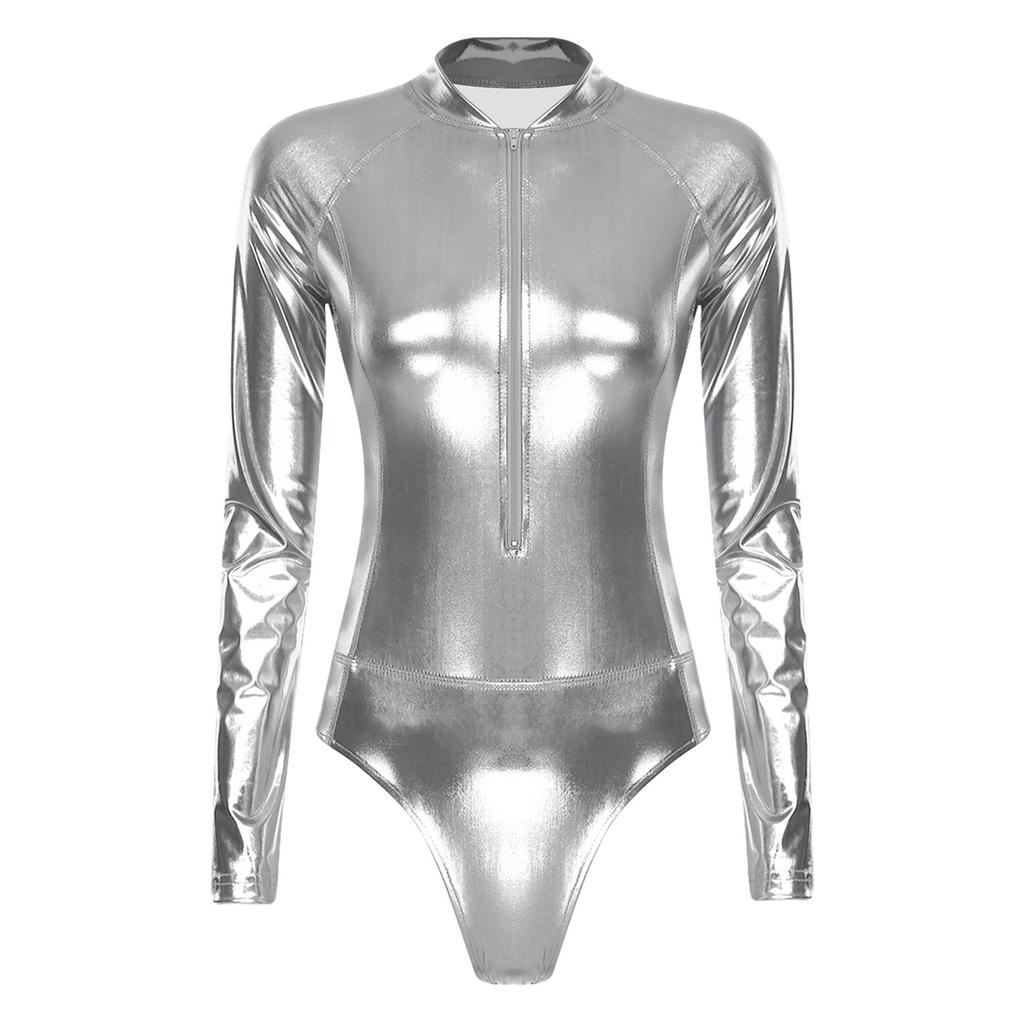 Leotardo Brillante de una Pieza para Mujer Manga Larga Cremallera Delantera Body Metálico Bañador de Gimnasia