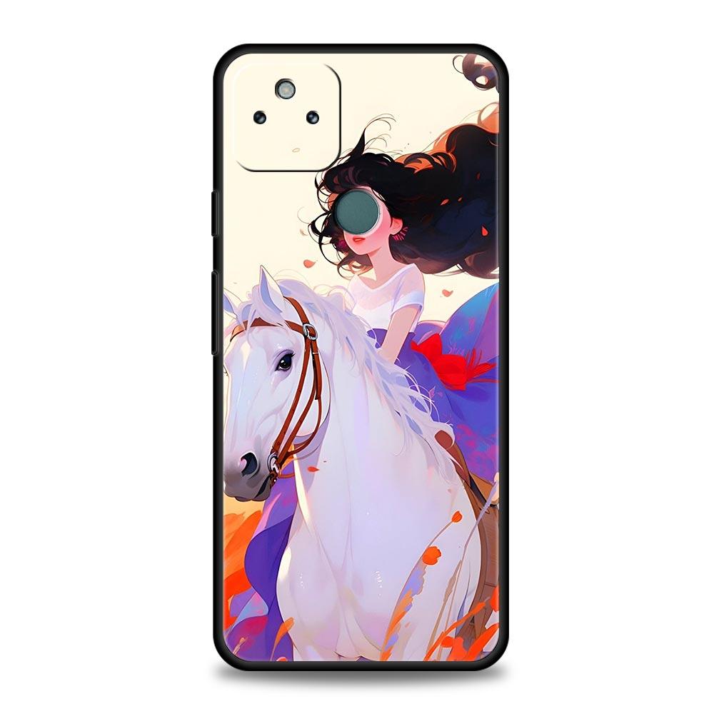 Phone Case Cover for Google Pixel 10 9 8 7 6 7A 6A Pro Shockproof Soft TPU 10 9 Pro XL Shell Animal Galloping Horse Girl Drawing