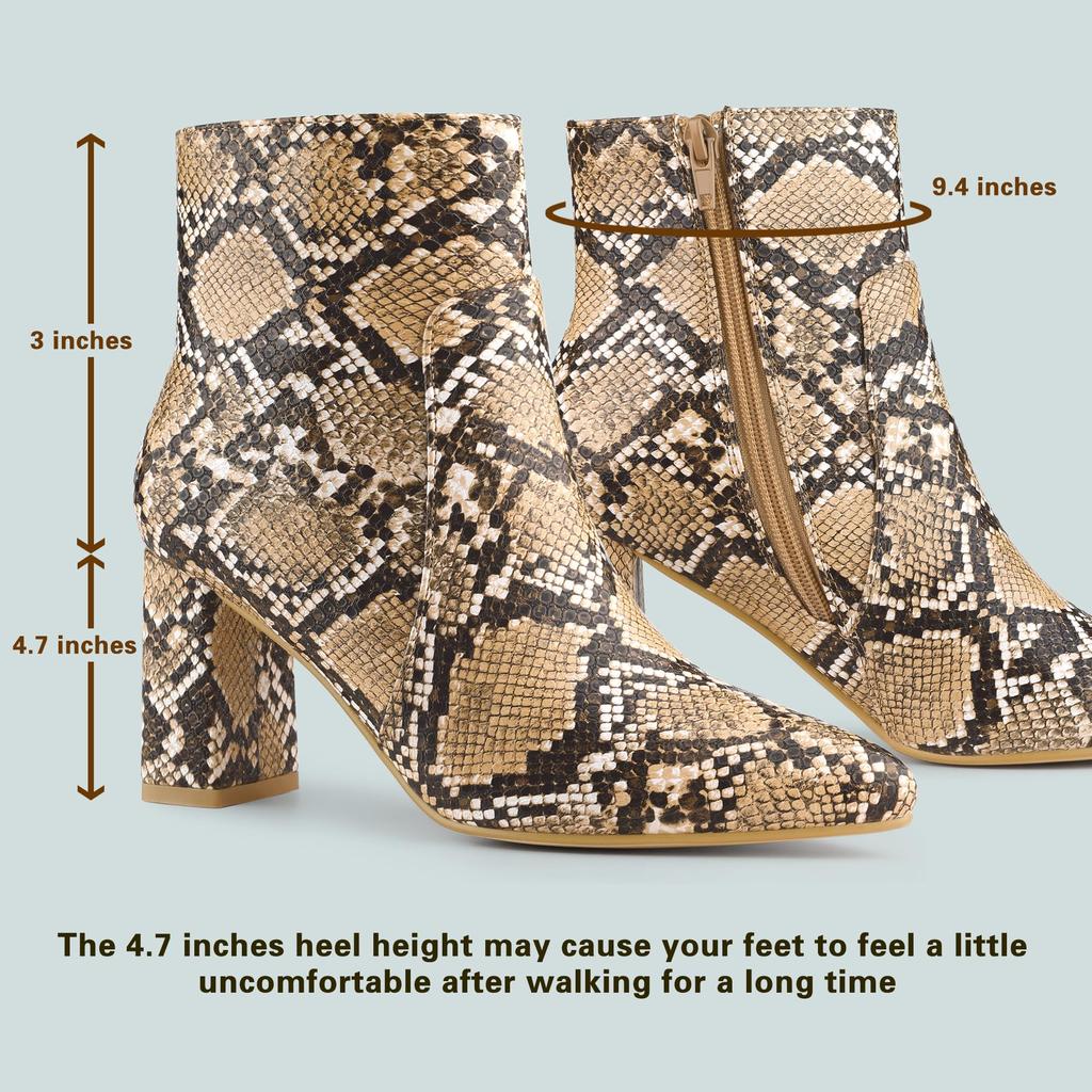 Allegra K Women's Brown Snake Print Sequin Ankle Boots with Chunky Heel and Pointed Toe, Size 26.0 cm