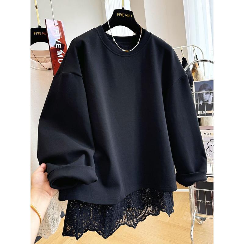 

Кружевные вставки, пуловер-двойка, с круглым вырезом, женская толстовка, свободный универсальный топ S чёрный