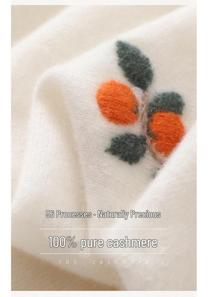 Women's 100% Pure Cashmere Embroidered Round Neck Sweater - Loose Fit Knitwear for Autumn & Winter