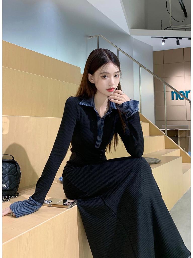 Women's Spring Collection: Black Slimming Ruffle Long Dress with Turn-Down Collar and Waist-Cinching Design