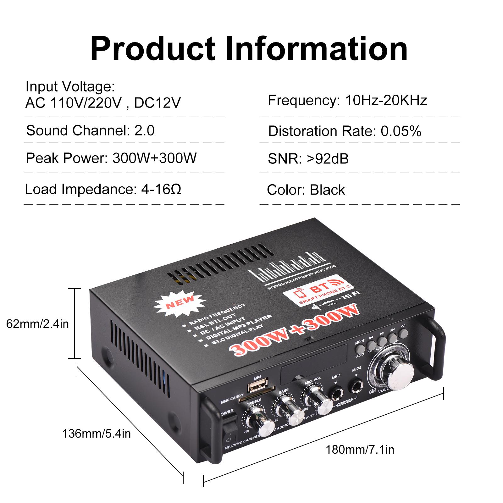 Amplificateur Audio Bluetooth 5.0 300W+300W Pour Voiture/maison - Avec Radio FM, USB, SD, Télécommande - 11