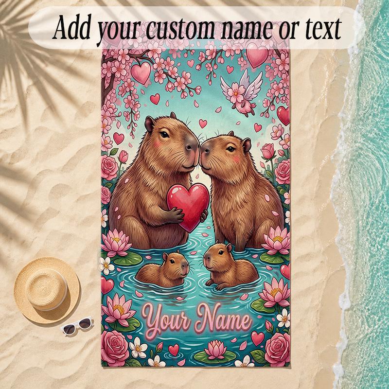 Hearts Theme Soft Beach Towel Personalized Custom Name Text Towel Portable for Beach Pool Travel