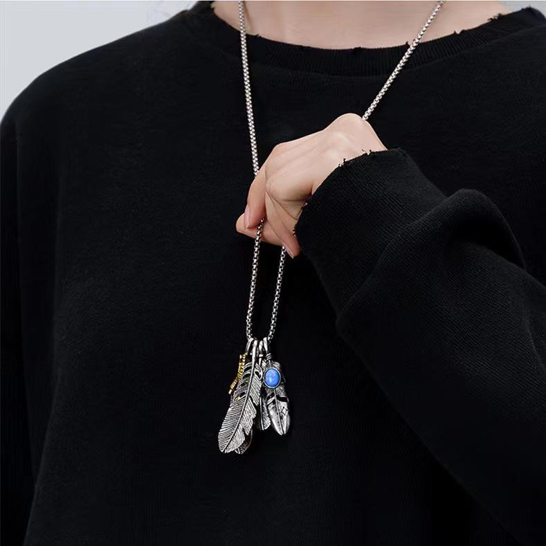 Takahashi Style Feather Pendant Necklace Set - European/American Hip Hop, Long Sweater Chain, Four-Piece Accessories