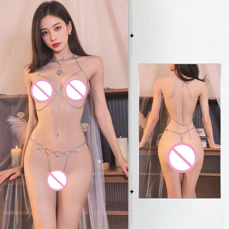 Exotic Sexy Body Chain Underwear Set Metal Bodysuit Gold Silver Transparent Costume Decorative Jewelry for Women