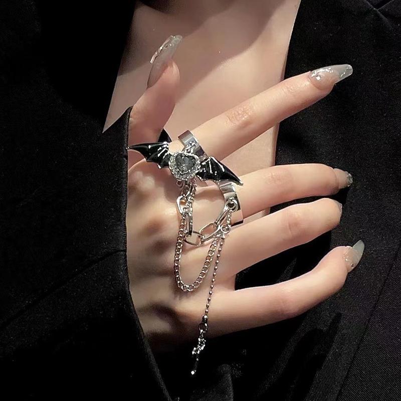 Y2K Little Devil Heart Wing Ring for Women Men Gothic Dark Cross Chain Pendant Love Crystal Opening Two Fingers Fashion Jewelry