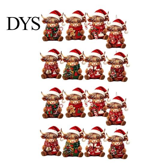 Healing Atmosphere Hanging Ornaments Highland Cow Christmas Ornament Set, 2D Flat Wooden Tree Accessories Decor with String, Holiday Party Decoration