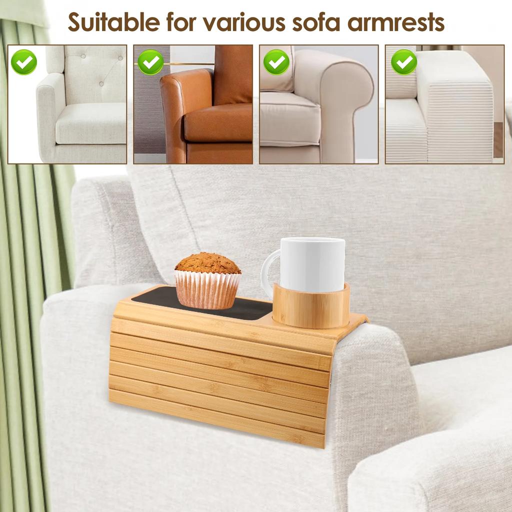 3 in 1 Couch Cup Holder Natural Bamboo Sofa Armrest Tray Foldable Beverage Cups Remote Control Phone Holder Multifunctional