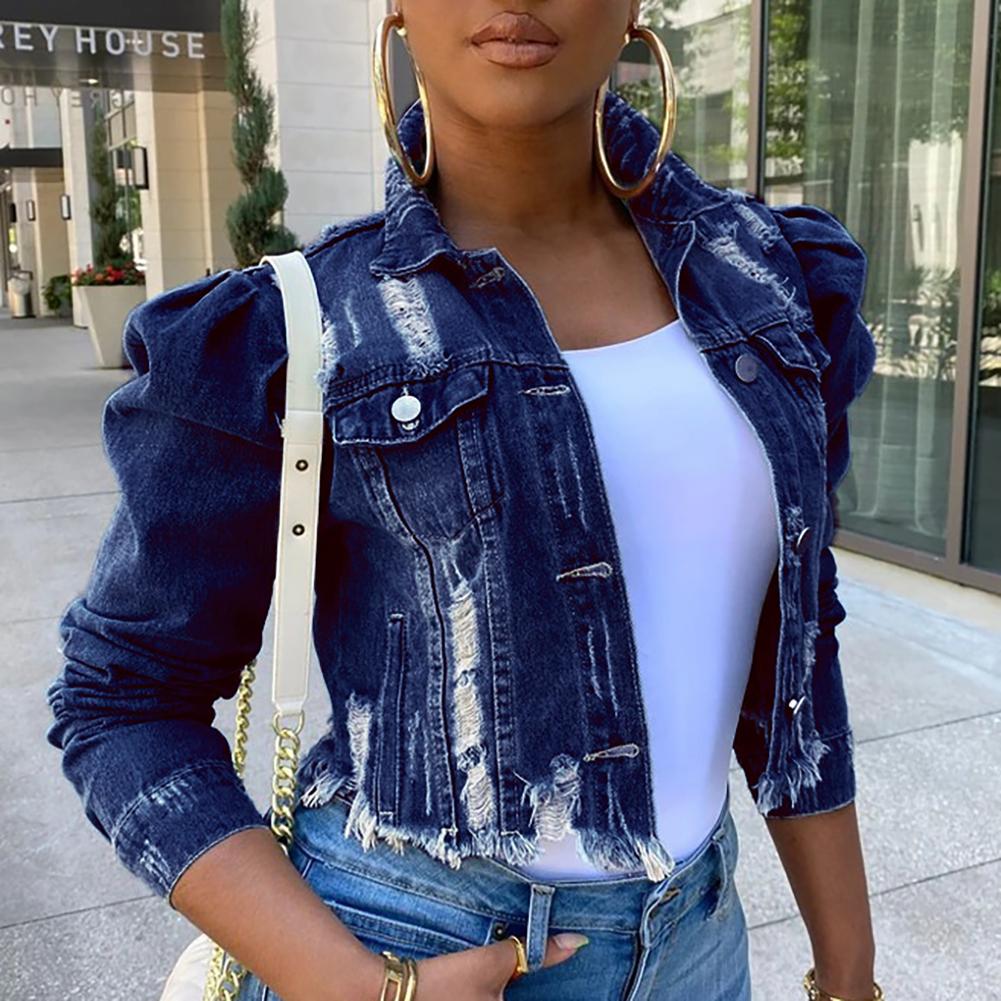 סתיו נשים מעיל מעילים סקסי ארוך שרוול כיס קרוע ג'ינס מעיל Streetwear קצר מעיל בתוספת גודל