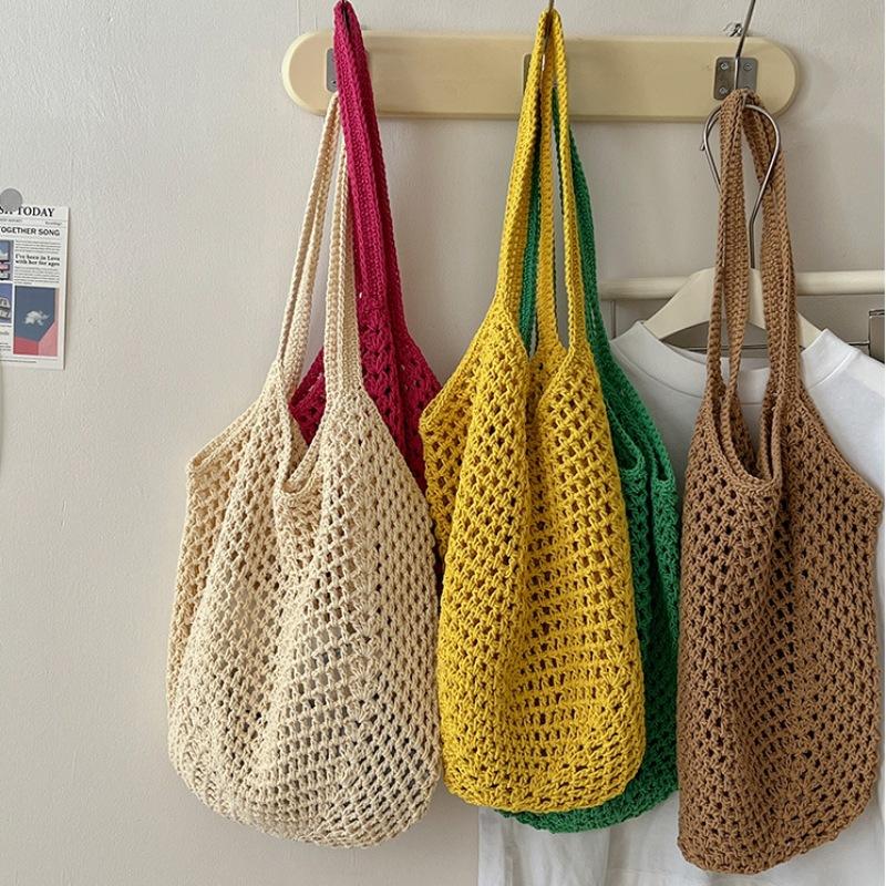 Summer Casual Large Capacity Woven Shoulder Bag For Women Girls Knitted Hollow Out Beach Straw Bag Handmade Crochet Tote Bag