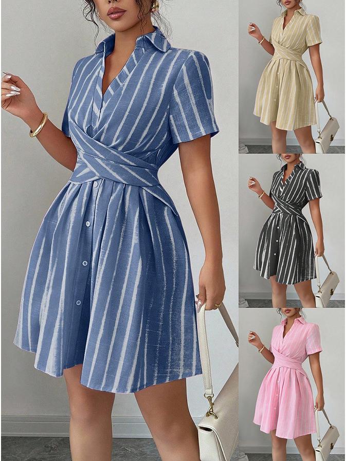 

Women s Elegant Striped V-Neck Tie-Waist Short Dress M чорний