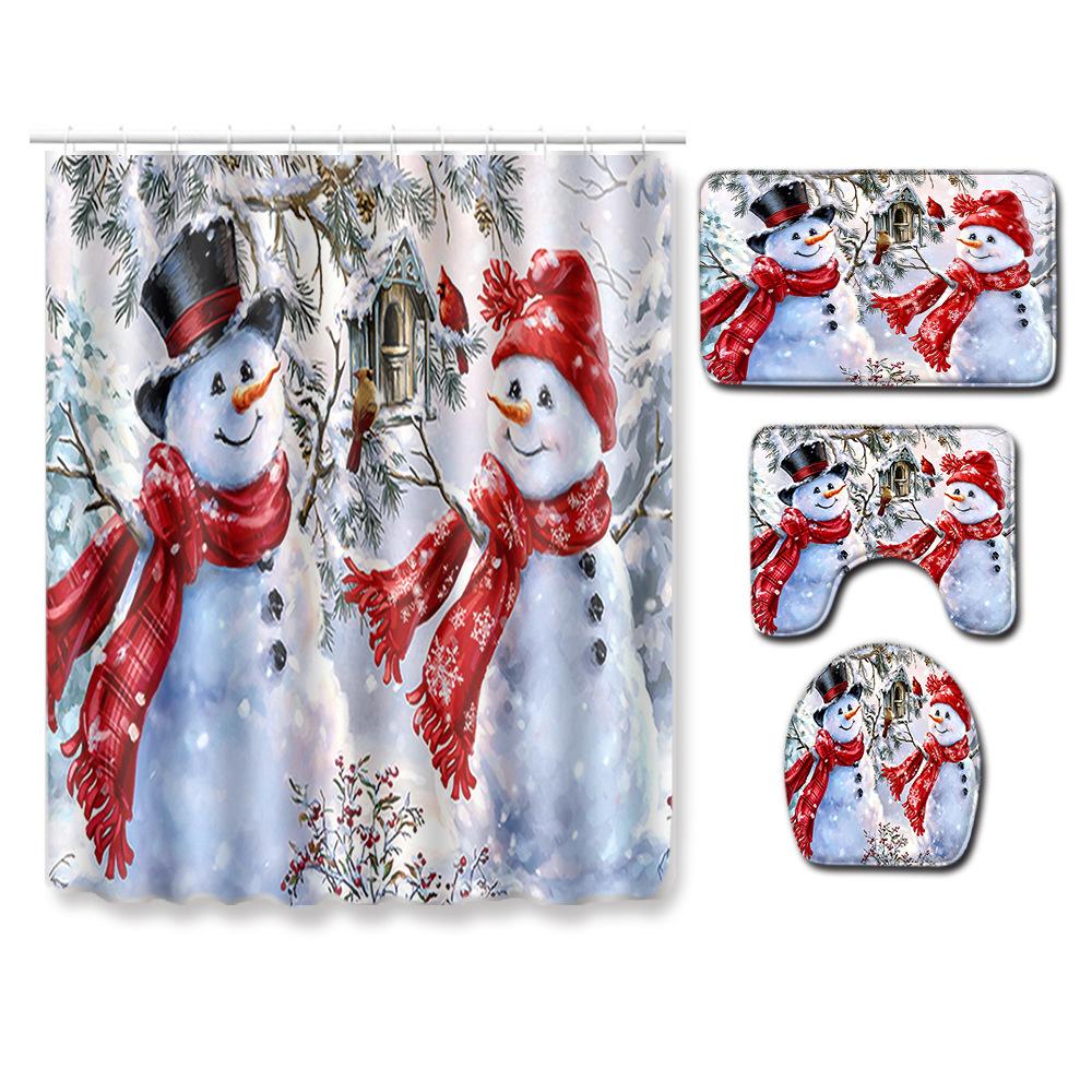Christmas Shower Curtain Floor Mat Combination Four-Piece Set Bathroom Toilet Carpet Shower Room Mat Foot Mat