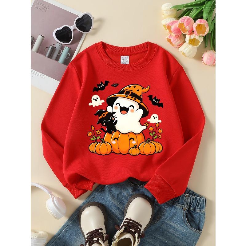 Girls' Soft Crewneck Sweatshirt Cute Halloween Ghost Pumpkin Print with Cute Creative Print, Casual All-Match for Fall Winter, Ideal Holiday Present