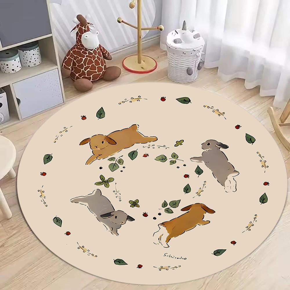 Cute Rabbit Pattern Round Rug Bunny Print Easter Carpet Girly Kids Play Soft Non-Slip Mat Holiday Home Decor Rug for Living Room