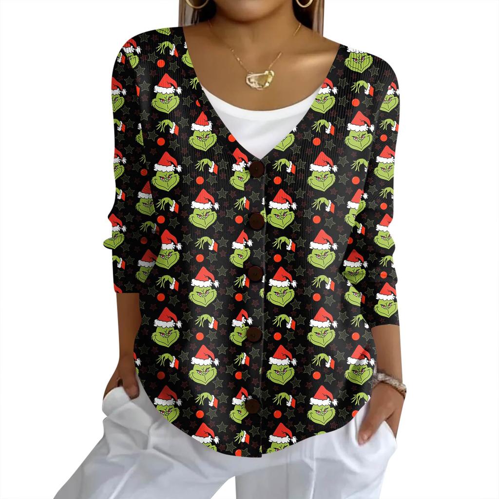 Women's Fashion Casual Knit Sweater Button-Up Christmas Print Cardigan Jacket
